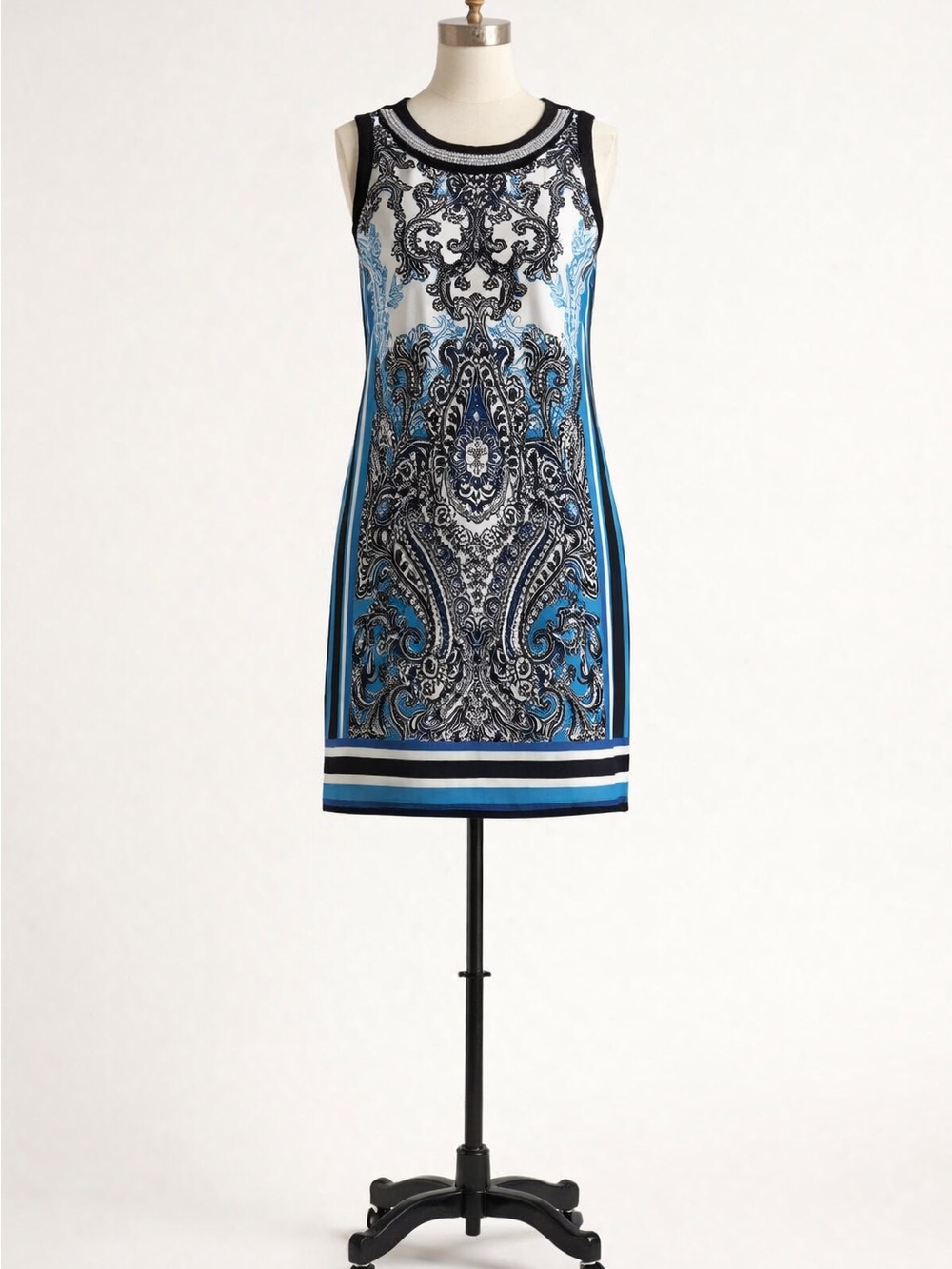 Studio One Black, White and Blue Paisley-Print Midi Dress